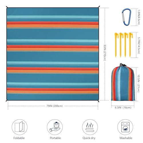 Beach Blanket Mat Waterproof Sandproof for 2 (Stripes - Green Orange / 79" X 83"（1-4person）)