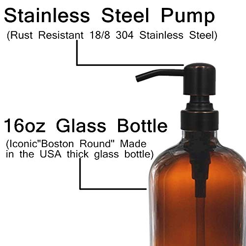 2 Pack 16 Ounce Boston Round Glass Bottles Soap Dispenser with Oil Rubbed Bronze Stainless Steel Pumps (Black and Clear)