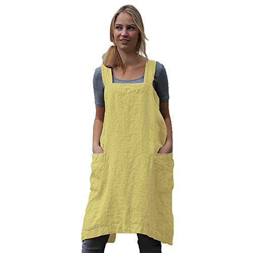 Women's Pinafore Square Apron Baking Cooking Gardening Works Cross Back Cotton (Large / Y-yellow)