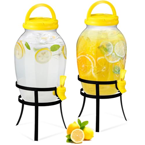 2 Pack 1.16 Gallon Drink Beverage Dispenser with Stand for Parties Plastic Water Lemonade Juice Dispenser with Spigot and Lid for Countertop Weddings (Yellow)