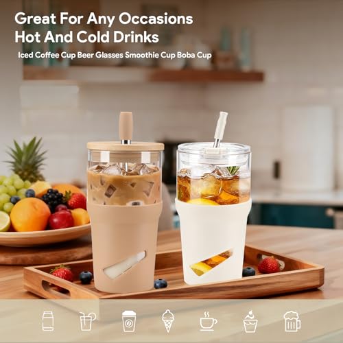 Glass Tumbler with Lids and Straws (20 Ounces / White)