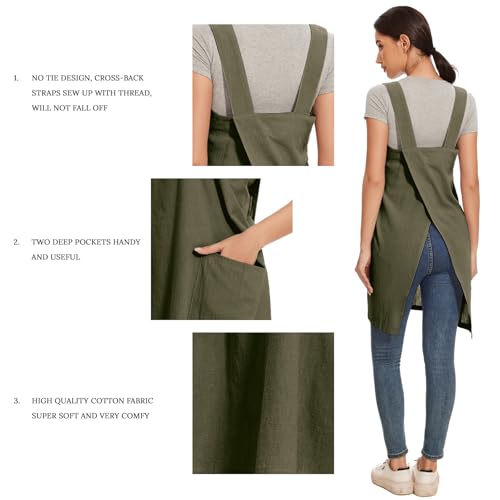 Women Apron with 2 Pockets Cotton Linen Kitchen Baking Cooking Chef Cross Back Pinafore Dress for Work Restaurant Gardening (Large / 15-army Green)
