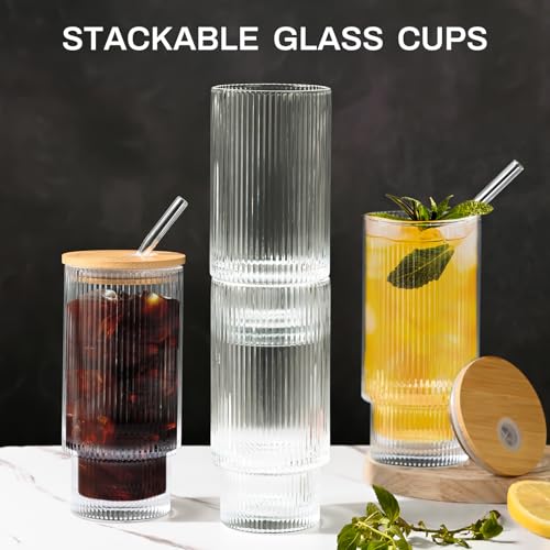 16OZ Ribbed Glass Cups with Lids and Straws (4*Glasses+4*Lids+4*Straws)