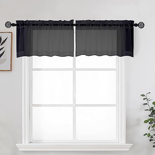 Black Sheer Kitchen Valance for Windows Set of 2 (Black / 42"W x 14"L (Pack of 2))