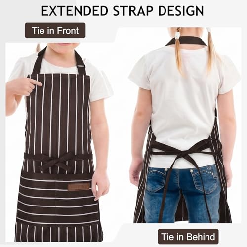 2 Pack Stripes Kid's Apron with 2 Pockets (55x65cm / Brown Wide Striped, Red Thin Stripes)
