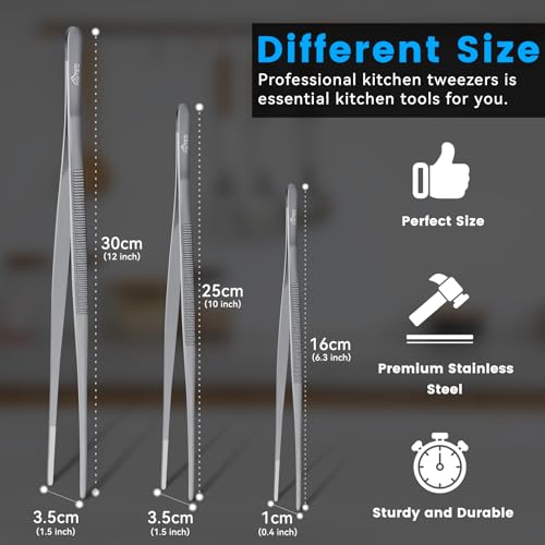 Kitchen Tweezers Stainless Steel Cooking Tweezers 3 Pcs (Silver 3PCS Pointed tips)