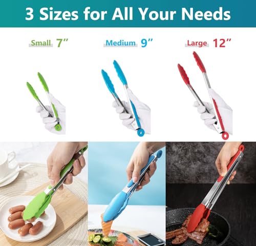 7/9/12 Inch Kitchen Tongs Set of 3, Cooking Tongs with Silicone Tips (RGB, 7/9/12 Inch)