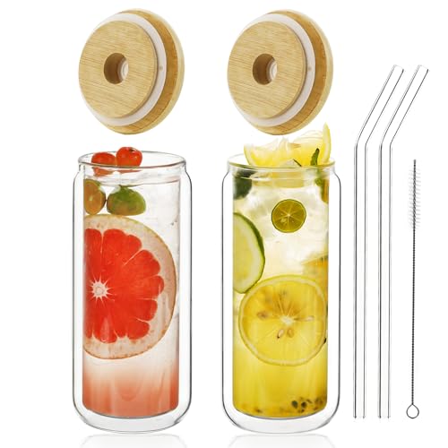 Double Wall Drinking Glass Cups with Bamboo Lids & Straws (16oz* 2)