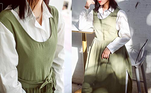 Women Plus Size Cotton Linen Vintage Pleated Split Apron Pinafore Dress with Two Pockets (Green / 43.4"L)