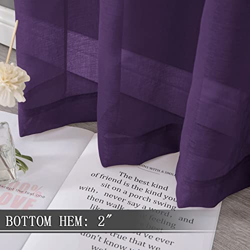Sheer Curtains Living Room Linen Textured Curtain Sheers Light Filtering Voile Rod Pocket Curtains for Bedroom (38"W x 63"L (Pack of 2) / Royal Purple)