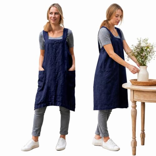 Cross Back Linen Cotton Apron with Pockets (XX-Large / Blue)