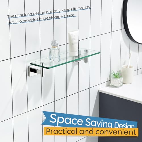 Bathroom Shelves Wall Mounted Floating Glass Shelf Polished Stainless Steel 16 (Polished Chrome / 16-Inch(2 Pack))