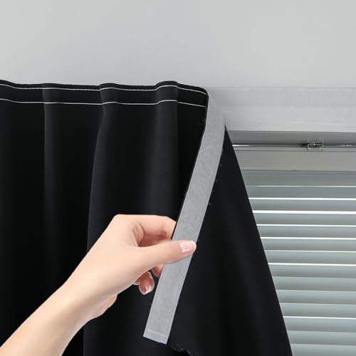 Thermal Blackout Curtains with Self Adhesive Tape No Rod No Drill Easy Install Window Cover for Bedroom Kitchen Dorm 58" W x 71" L Black 1 Panel (58"W x 71"L (Pack of 1) / Black)