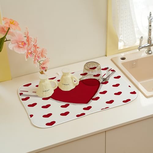Valentines Dish Drying Mat 18x24 Inch Red Hearts Dish Drainer Protector Pad for Kitchen Counter Absorbent Holiday Love Drying Pad for Drainer Rack Kitchen Fast Dry (Red Hearts-2 / 18" x 24")