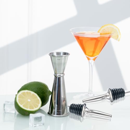 Double Cocktail Jigger for Bartending (Rolled Edge-1oz/2oz-1PC+2 Pourers / Silver)