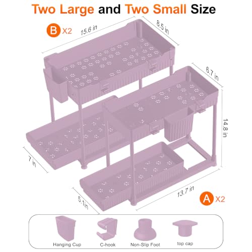 4-Pack 2-Tier Under Sink Organizer with Pull Out Drawers (Pink / 14.8 Inch)