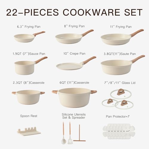 22 Piece Ceramic Cookware Set with Utensils (White)