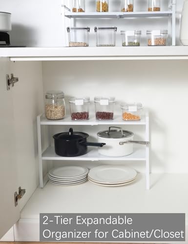 2 Tier Expandable Organizer Shelf for Kitchen Cabinet (8.2''D * 12.2-21.6''W * 14.2''H(2 Tier) / White)