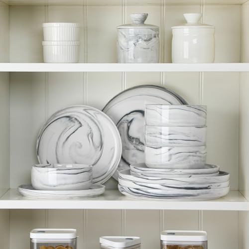 12 Pcs Porcelain Plates and Bowls Sets (Marble Grey / 12 Pcs (Service for 4))