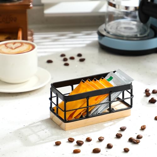 Sugar Packet Basket Iron Sugar Organizer with Wooden Base Small Caddy Iron Organizer Coffee Creamer Holder Tea Bag Caddy Holder for Coffee Bar Kitchen Home