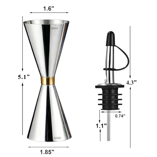 Jigger for Bartending (1 Jigger+ 2 Pourers with Caps / Golden Ring)