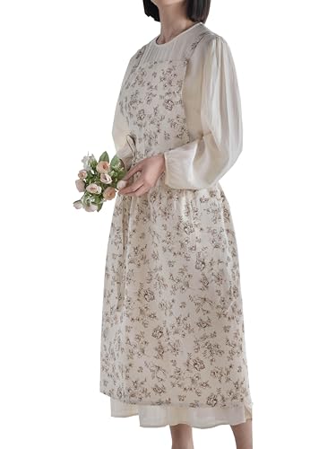 Japanese Cotton Linen Cross Back Work Apron for Women with Pockets Pinafore Dress Smock (03-beige)