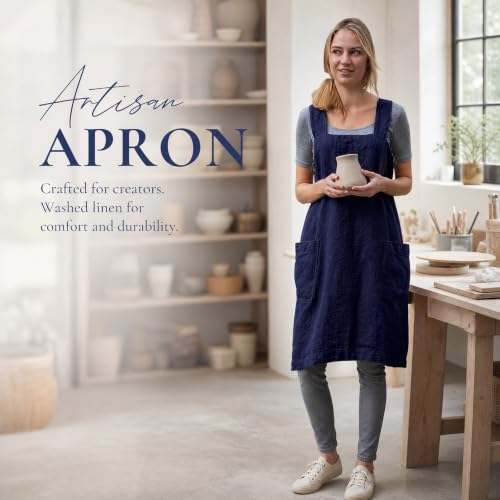 Cross Back Linen Cotton Apron with Pockets (XX-Large / Blue)