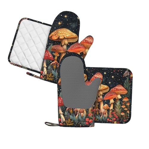 Oven Mitts and Pot Holders Mushroom Forest Vintage Silicone Kitchen Accessories Set of 4 Heat Resistant Long Gloves Potholder Non (A0632111)