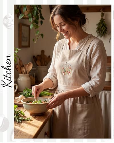 Pinafore Kitchen Women Apron Dress with Pockets Embroidery Chef Cotton Linen Apron for Women Kitchen Cooking Garden (Beige)