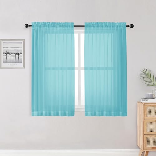 Aqua Kitchen Sheer Curtains for Bedroom Living Room 45 Inch Length (Aqua / 42"W x 45"L (Pack of 2))
