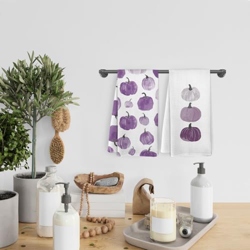 Purple Fall Pumpkin Decor Kitchen Towels and Dishcloths Set of 2 (Purple Pumpkins)