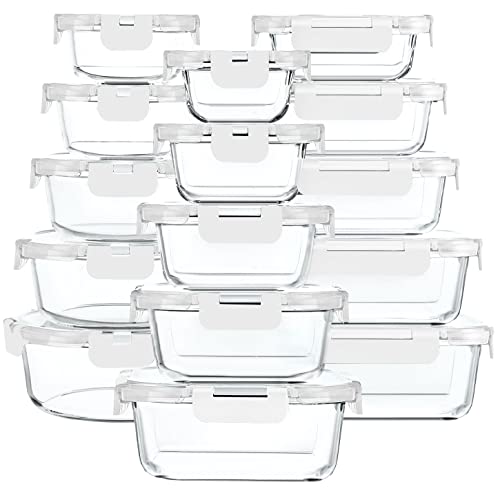 30 Piece Extra Large Glass Food Storage Containers with Lids (White)