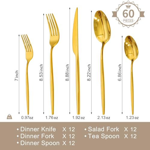 18 10 Silverware Set for 12 (Gold / 60-Piece)