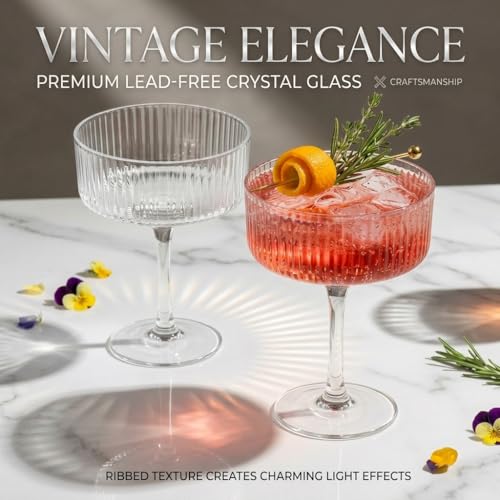 4 Piece Coupe Glasses for Bars Parties (10OZ-Ribbed Coupe Glasses)