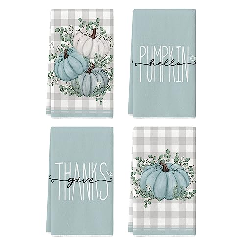 Blue Pumpkin Leaves Fall Kitchen Towels Set of 4 18x26 Inch (Blue)