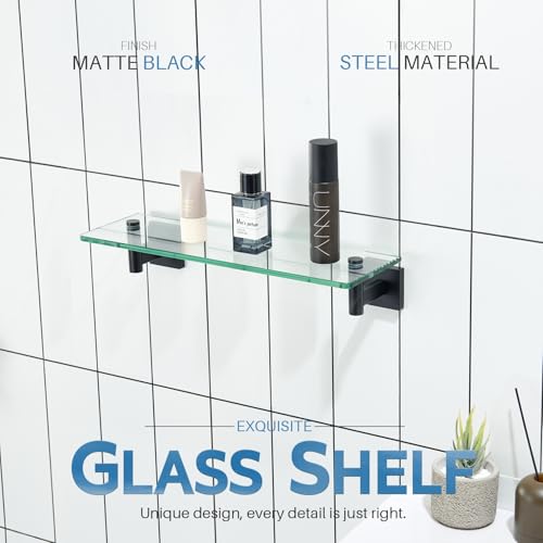 Bathroom Shelves Glass Floating Shelf 16 (Matte Black / 16-Inch(2 Pack))