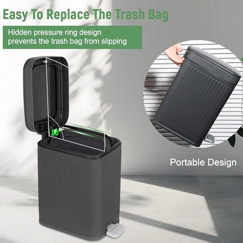 Small Bathroom Trash Can with Lid Slim Soft Close Garbage Can Step Wastebasket Container Trash Bin for Office Bedroom Kitchen Living Room (2.6 Gallon / Dark Gray)