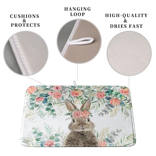 Easter Rabbit Dish Drying Mats for Kitchen Counter Easter Spring Watercolor Floral Bunny Absorbent Dish Drying Mat 16x18 Inch Absorbent Reversible Reusable Washable Dishes Drainer Mats (Easter Bunny Flowers / 16" x 18")