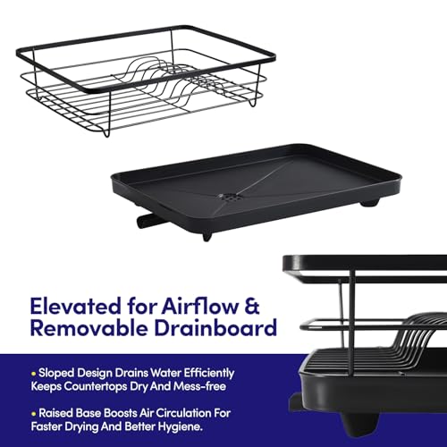 Dish Drying Rack 3 Piece Dish Drainer with Drainboard Set for Kitchen Counter (15.5" x 12" x 5" / Black)