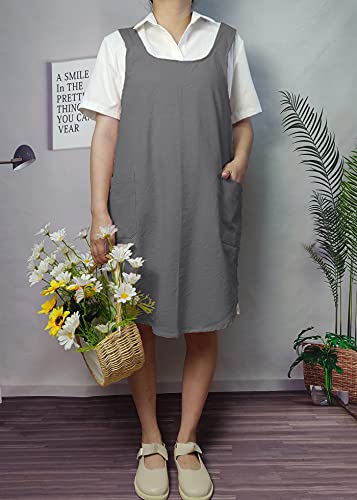 Cotton Cross Back Aprons Solid Color Cooking Kitchen Garden Smock for Women Girls with Pockets (Darkgrey / 37W x 32L)