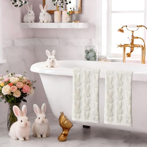 2 Pack Easter Hand Towels White Rabbit Cotton Bathroom Towel Decorative Absorbent Bath Towel for Drying Cleaning Cooking (White Rabbit / 13.7'' x 29.5'')