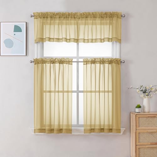 Sheer Gold Kitchen Tier Curtains 24 Inch Length Set (Gold / 42"W x 24"L (Pack of 2))