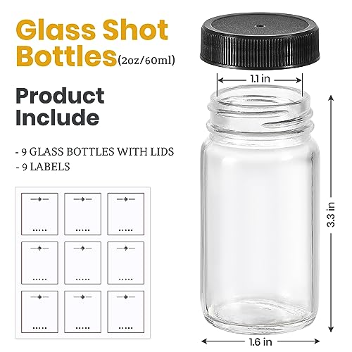 9 Pack 2 oz Glass Shot Bottles w (Black Lids / 2oz-9 pack)