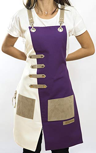Apron for Women and Men Waterproof Canvas Extra Pocket for Chef Barista Gardening BBQ Grilling Crossback Unisex (Purple White)