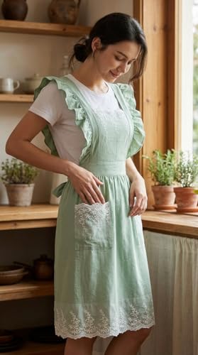 Vintage Aprons for Women (Light Green)