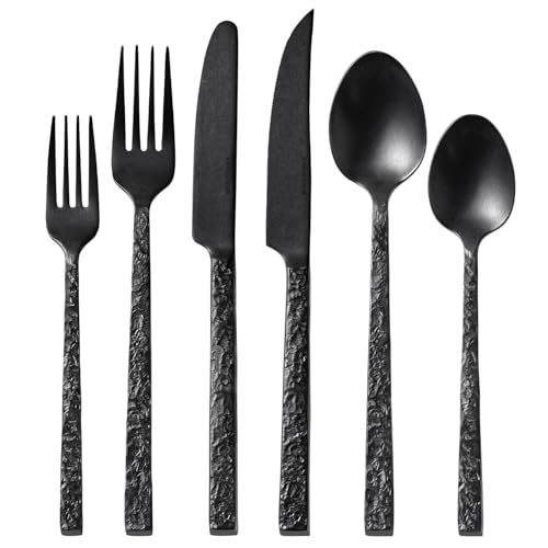 48 Pcs Black Hammered Silverware Set with Steak Knives for 8 (Black / 48-Piece)