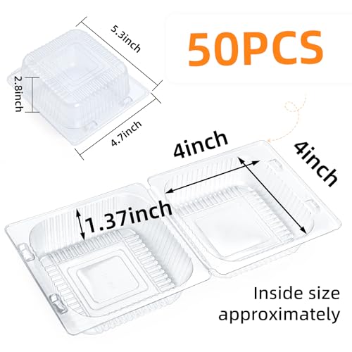 50 Count Heavy Duty Clear Clamshell Food Containers Hinged with Lids (50Pcs Clear Cupcake Containers)