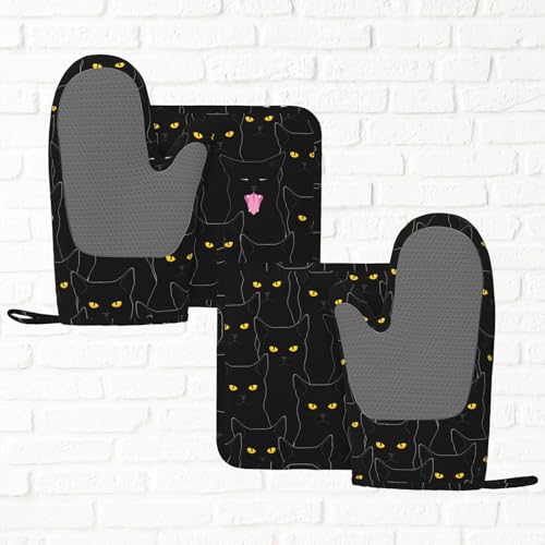 Fun Black Cat Oven Mitts and Pot Holders Set of 4 Silicone Heat Resistant Oven Mitten Potholders Non Slip Gloves Kitchen Decor for BBQ Cooking Grilling Baking (Fun Black Cat)