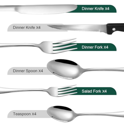 24 Piece Silver Silverware Set with Steak Knives Black Stainless Steel Flatware Set for 4 Food Grade Tableware Cutlery Set Rust (24Pcs-B)