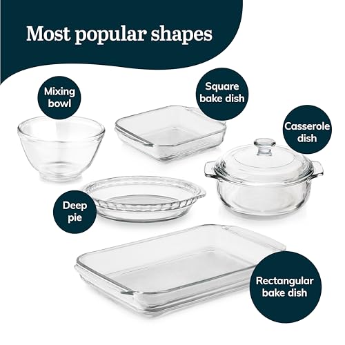 Baker’s Basics 5 Piece Glass Baking Dish Set with 1 Lid (Basic - 5pc Mixed Set)